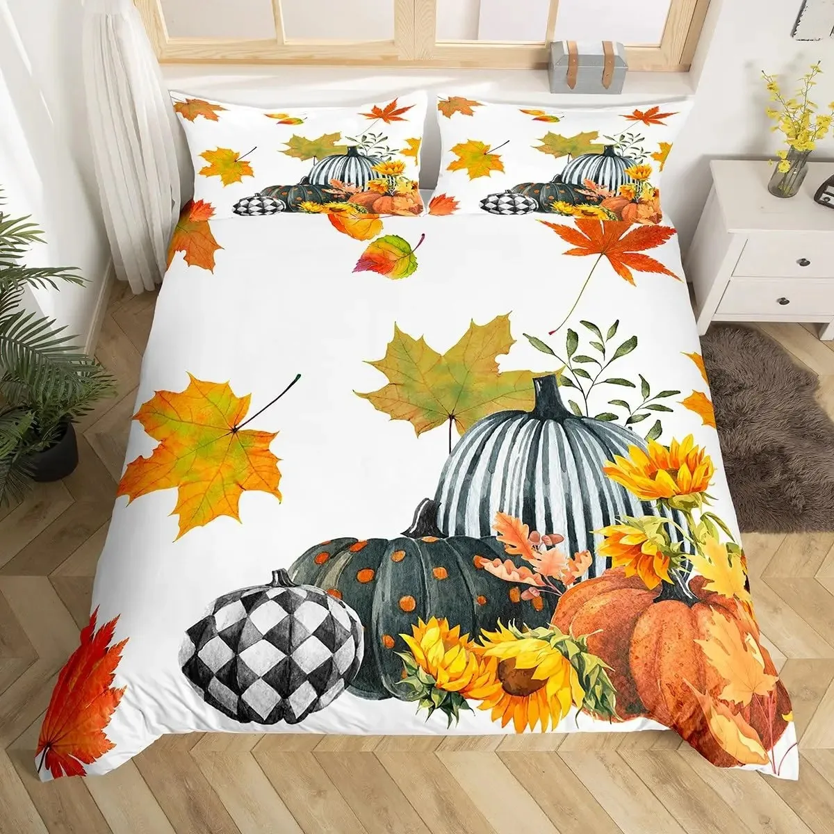 Autumn Maple Bedding Set Pumpkin Fall Comforter Cover Happy Thanksgiving Duvet Cover Farmhouse Room Decor Durable Quilt Cover