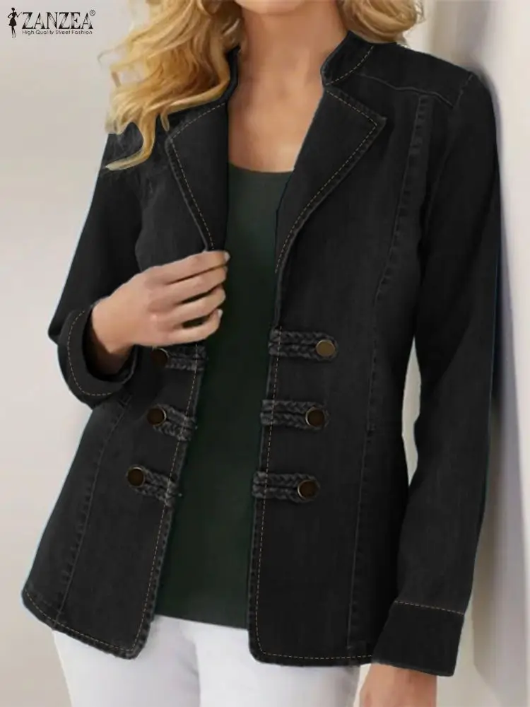 ZANZEA Vrouwen Lange Mouw Blazer Denim Pakken 2025, Herfst Casual Double Breasted Jassen Effen Elegante OL Streetwear Bovenjassen