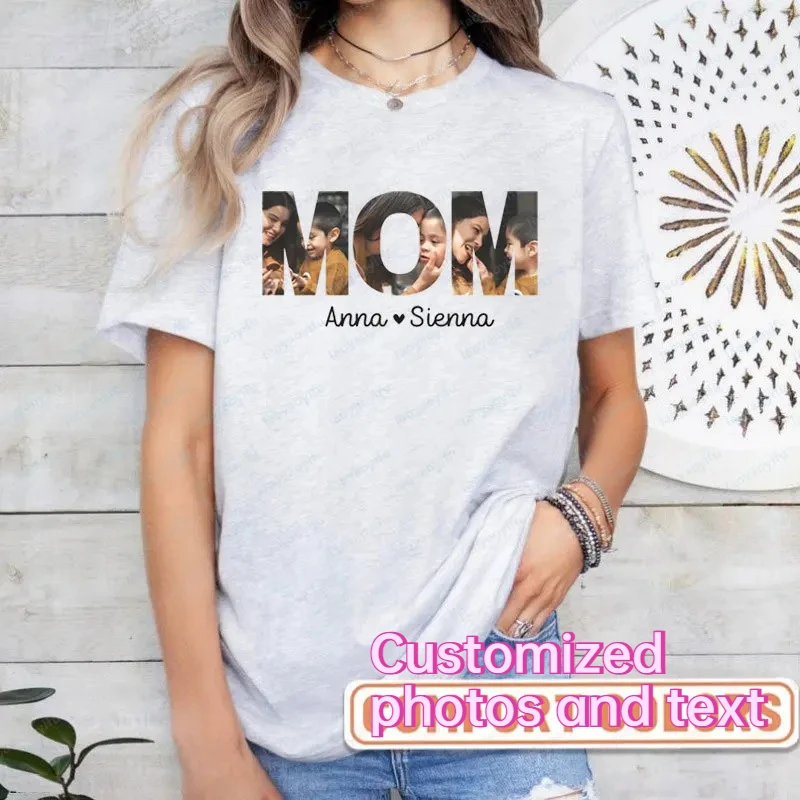 2026 Custom Mom Photo Shirt Personalized Kids Names Tee Mama Collage Cotton T-Shirt Customized Mothers Day Gifts Shirt for Mom