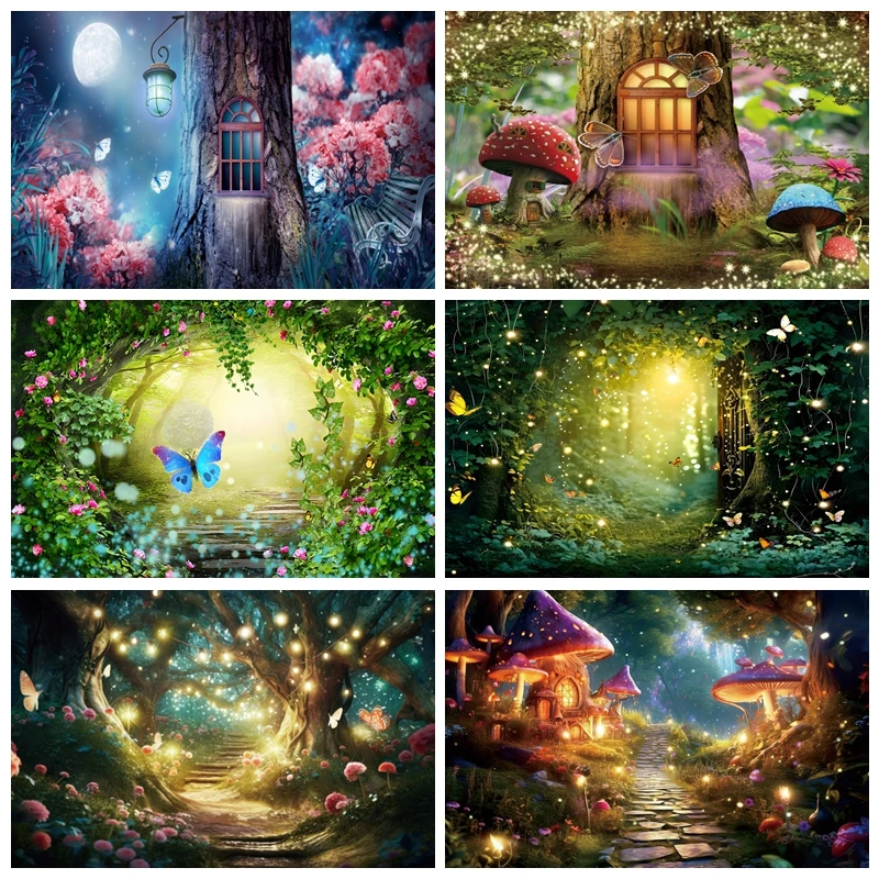 Fairy Tale Forest Mushroom Backdrop Dream Enchanted Wonderland Mushroom House Jungle Baby Birthday Photography Background Props