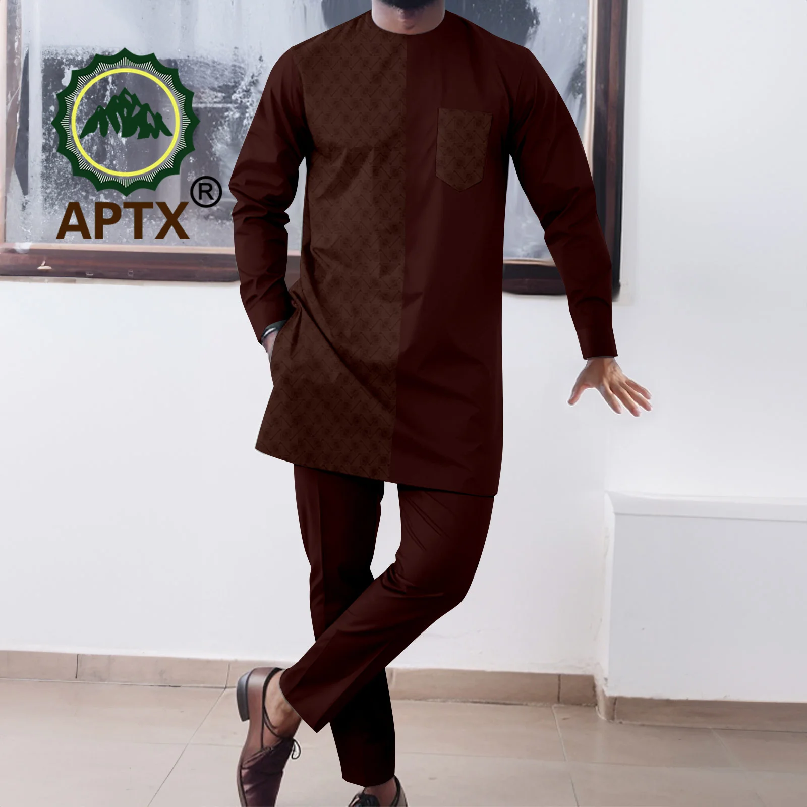 APTX Causal African Men's Suit 2 Piece Set Wedding Clothes Sportswear O-neck Shirt +Pants Abaya Polyester Material A2316100