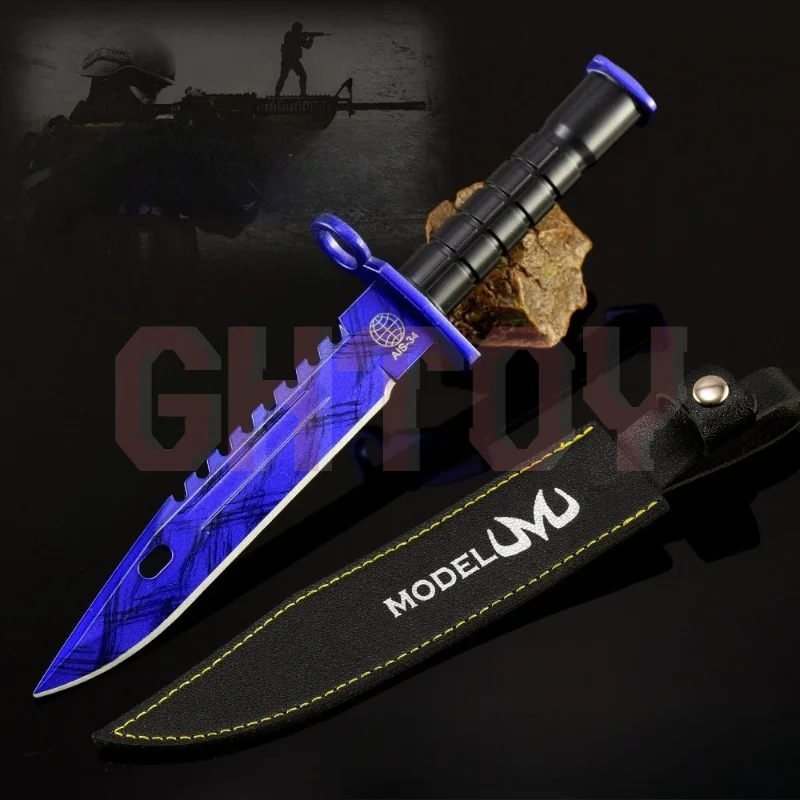

26cm/7.87in Game Peripherals Weapon Models M9 Doppler Blue Leather Case Training Knife Metal Craft Desktop Ornament Boy Gift toy