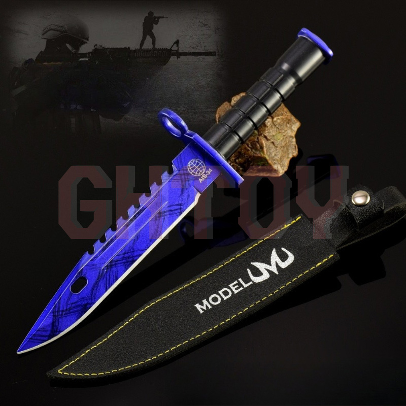 26cm/7.87in Game Peripherals Weapons Model M9 Doppler Blue Leather Case Training Knife Metal Craft Desktop Ornament Boy Gift toy