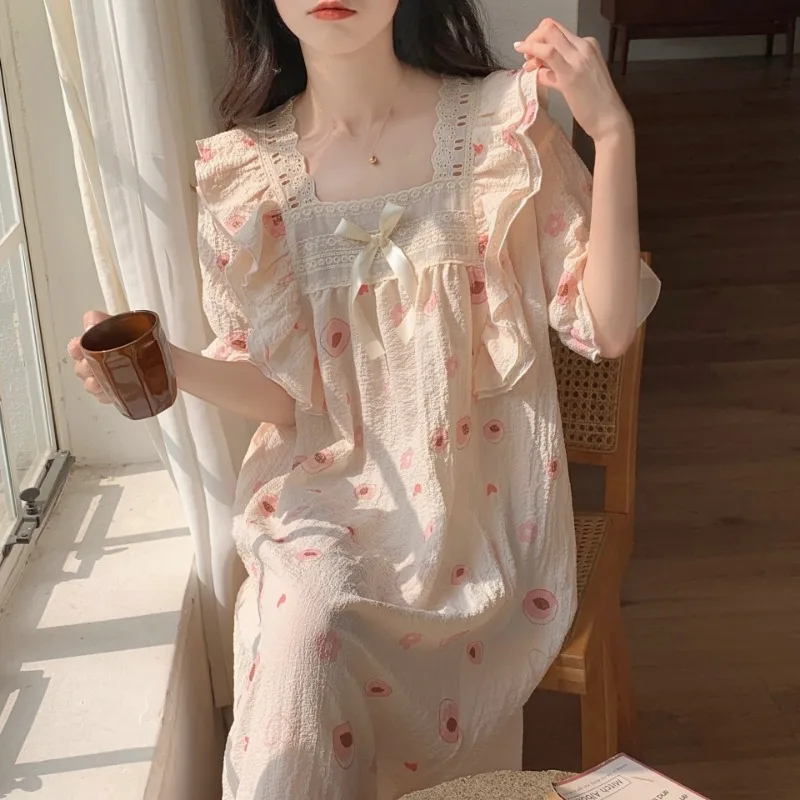 Puffärmel Homewear Damen Prinzessinnen-Stil Nachthemden Sommer Damen Rüschen Pyjama Mädchen Niedliche Blumenmuster Brustpolster Schlafshirts