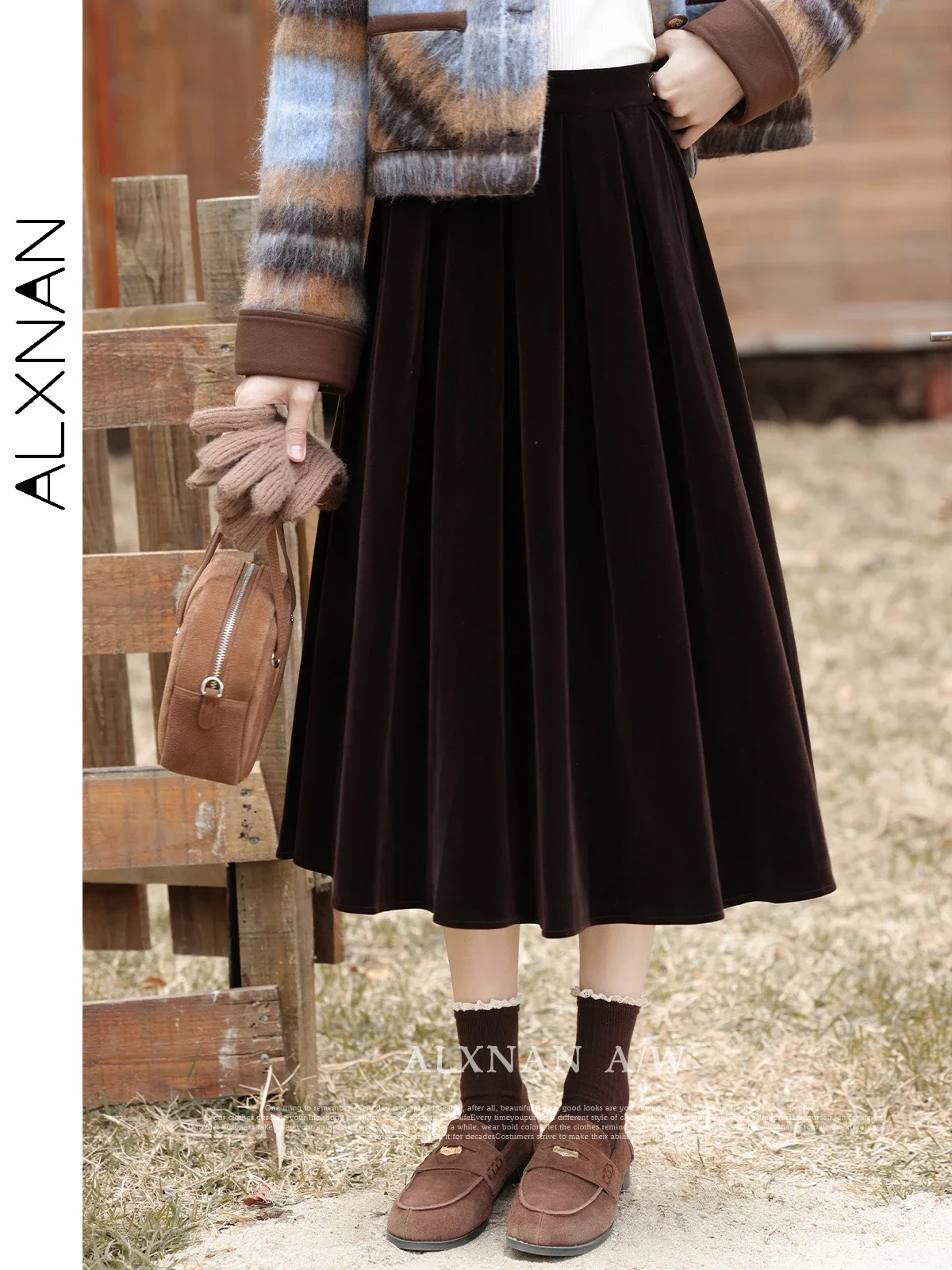 ALXNAN Women's A-line Pleated Skirt 2024 Autumn Winter New Fashion Elegant Simple Commuter Ladies Midi Skirts Clothing L33159