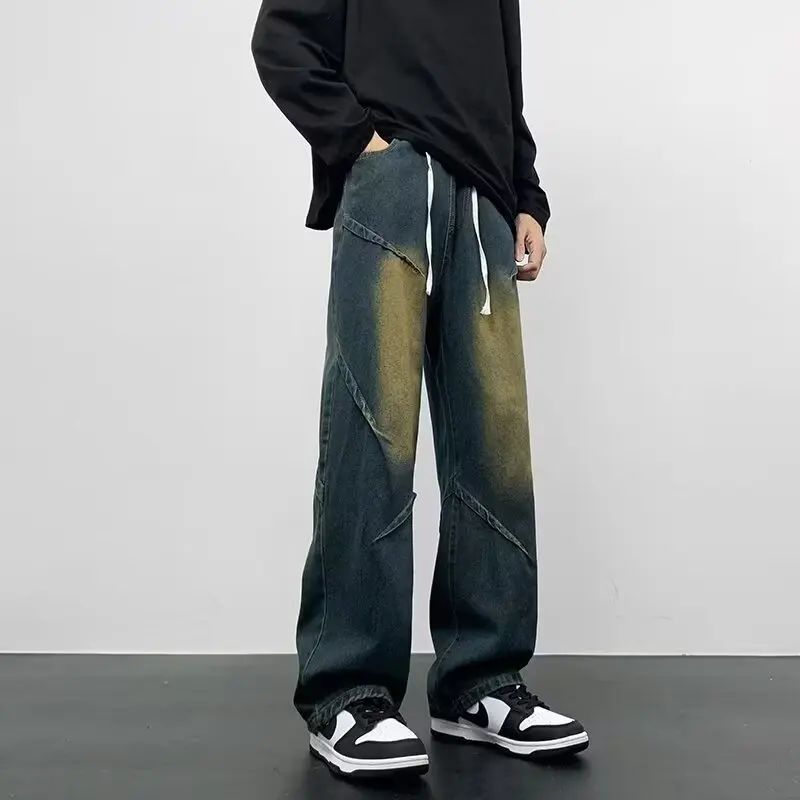 Vintage Blue Jean Pants Men Hip Hop Denim Trousers Male Streetwear Fashion Elastic Waist Autumn Retro Casual Straight Jeans