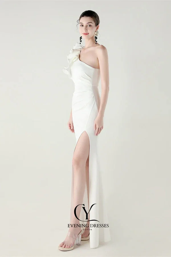 CUYUN مخصص تكدرت الأزهار واحد الكتف الساتان حزب فساتين الجانب عالية الشق مثير ثوب مسائي شبه حورية البحر فستان حفلات #2