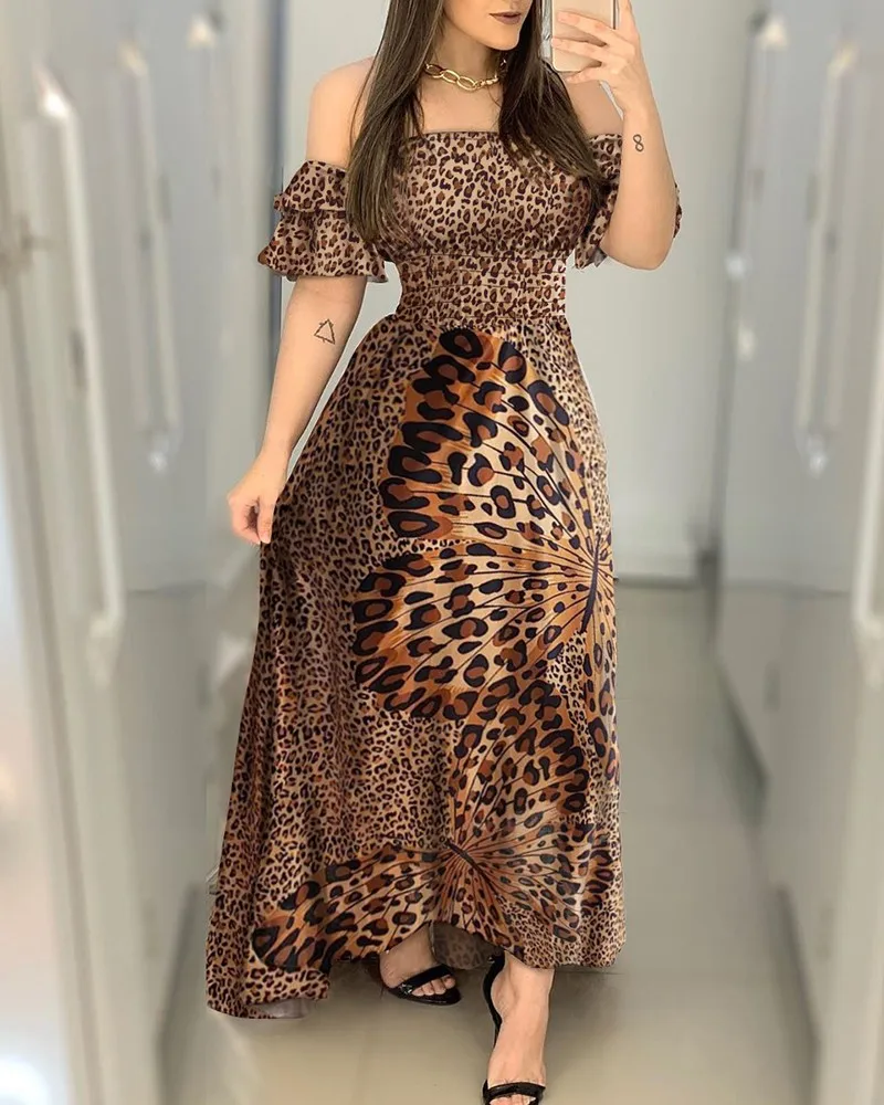 Women s Stylish Maxi Dress with Ruffled Off-Shoulder Design and Chic Leopard Print Pattern for a Trendy Look