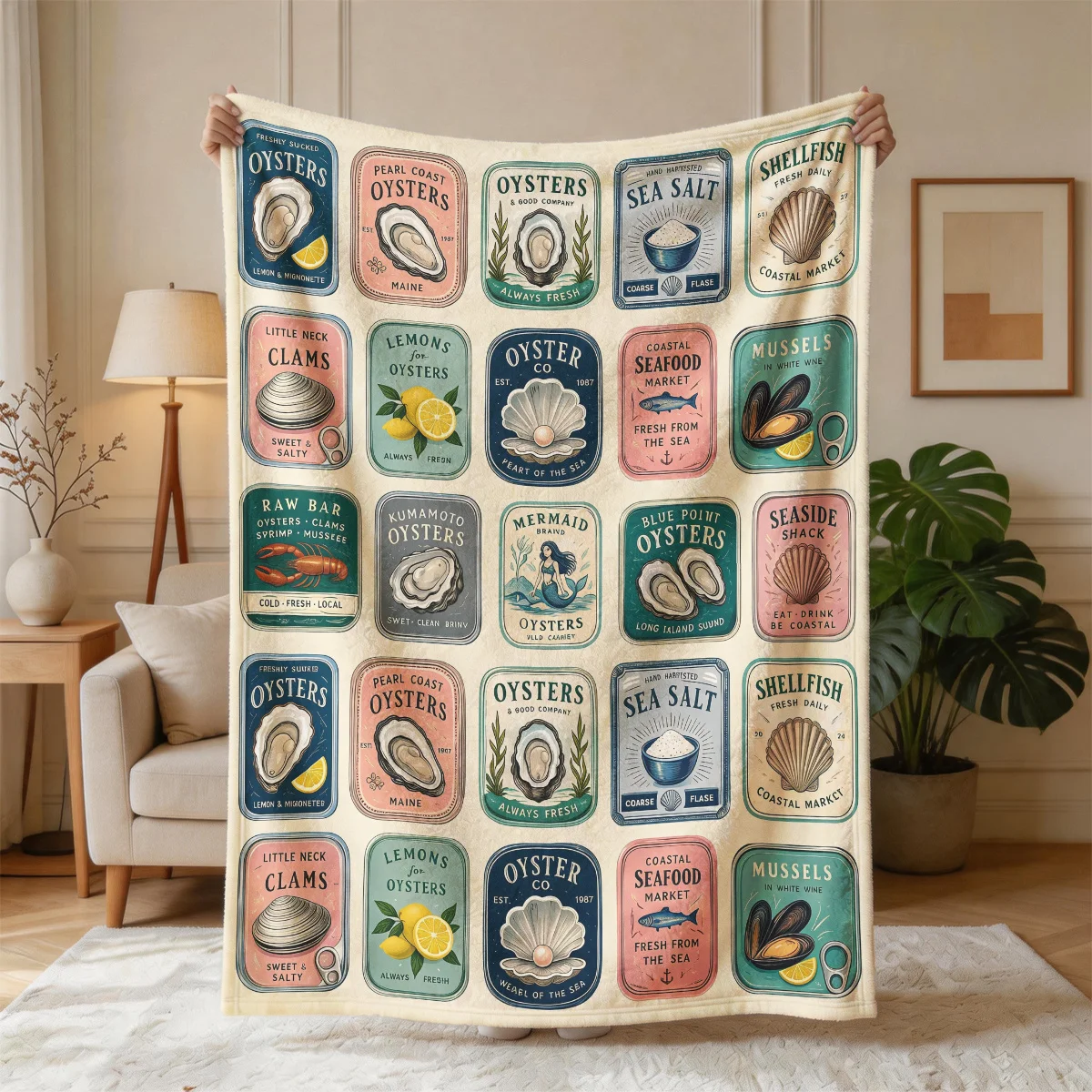 Nautical Coastal Life Ocean Seafood Market Throw Blanket Beach Decor Gift for Home Bathroom
