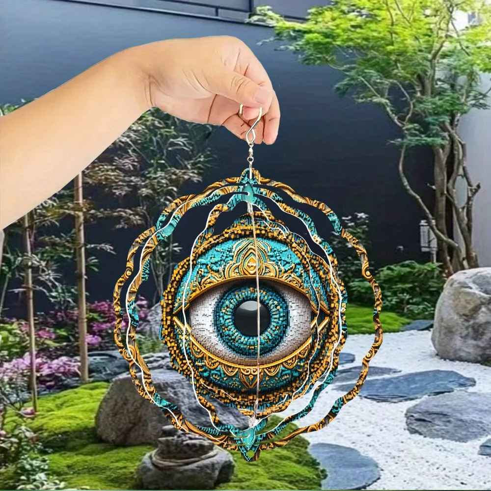 Vintage Egyptian Eye of Horus Pattern Metal 3D Spinning Wind Chime Featuring a 360° Infinite Rotation Hook, Suitable for Garden