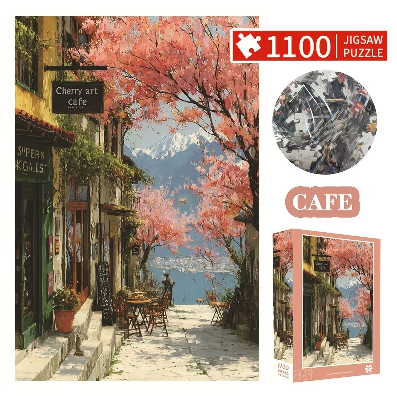 

Large 75x50cm Puzzle Premium 1100-Piece Jigsaw Puzzle for Adults: Cherry Blossom Café Scene, Extra-Thick 2.2mm