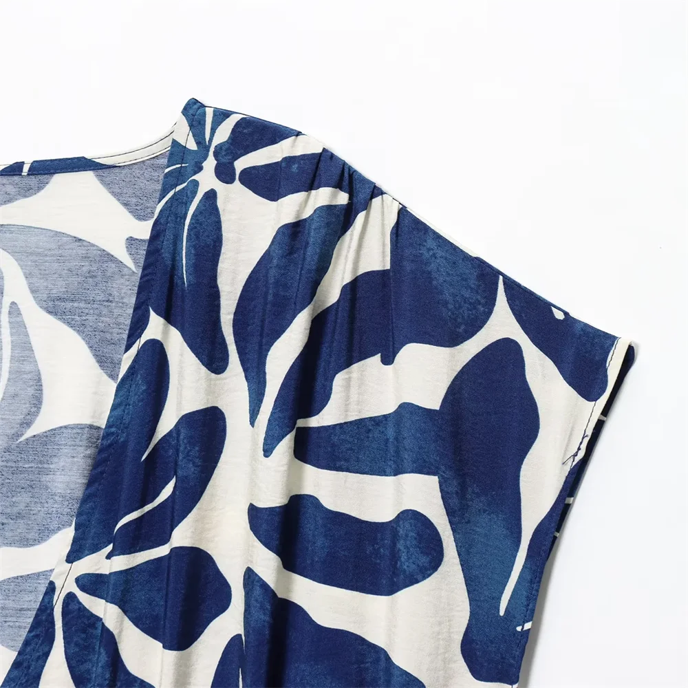 BM&MD&ZA2025niche temperamento decote em V sem mangas plissado cintura design flor impressão vestido verão novas roupas femininas