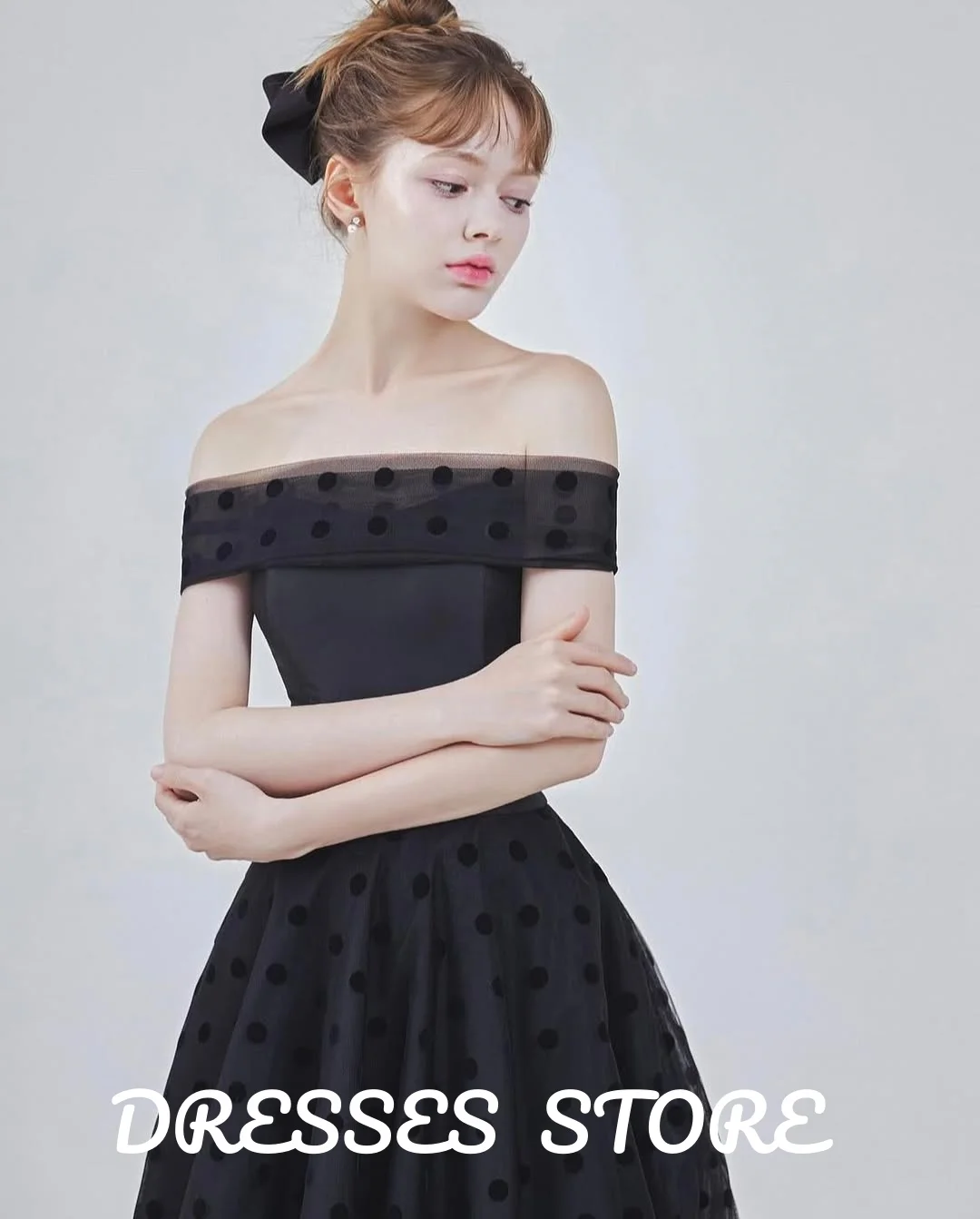 MD New Elegant Black Strapless Evening Dresses Sleeveless Shawl Korea Photo shoot Polka Dot Lace Mesh customised Prom Gown 2025