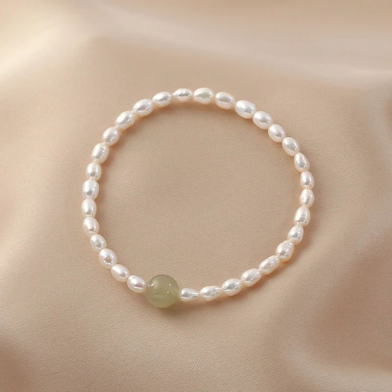 

4-5mm Rice Shape Freshwater Pearl Bracelet for Women Elastic 18cm Length Fashion Female Pearl Earrings Jewelry Gift