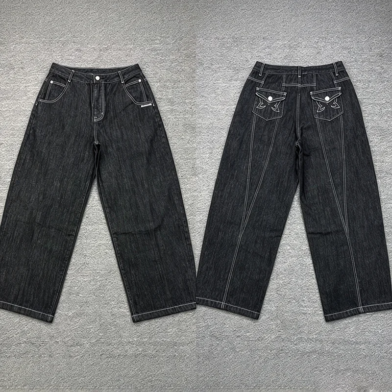 Mertre Baggy Denim Jeans Men Butterfly Outline Embroidery Back Pocket Contrast Stitch