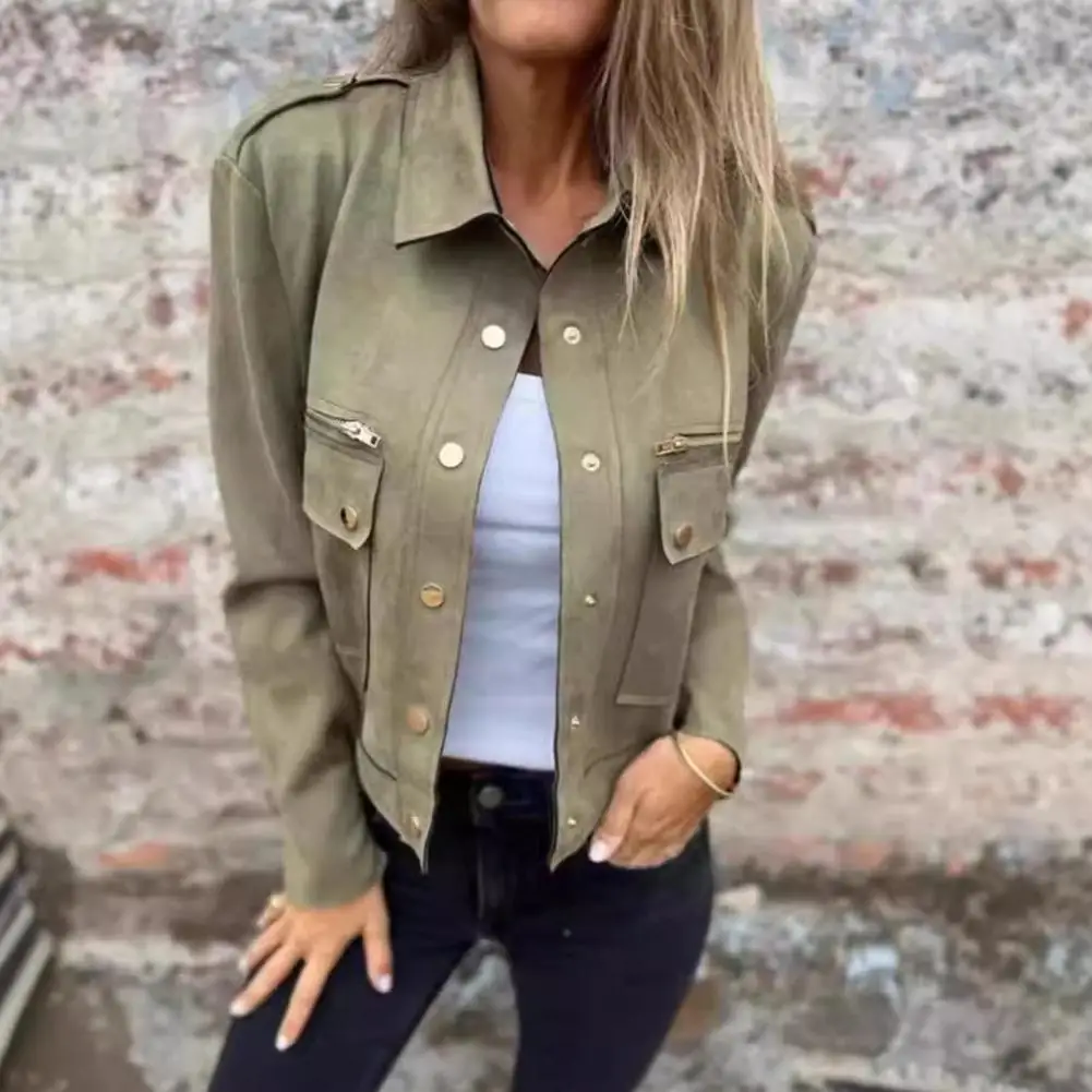 Chic Faux Buckskin Jacket For Women Elegant Lapel Long Sleeve Single Breasted Pockets Coats Lady Suede Leather Jacket Outwear