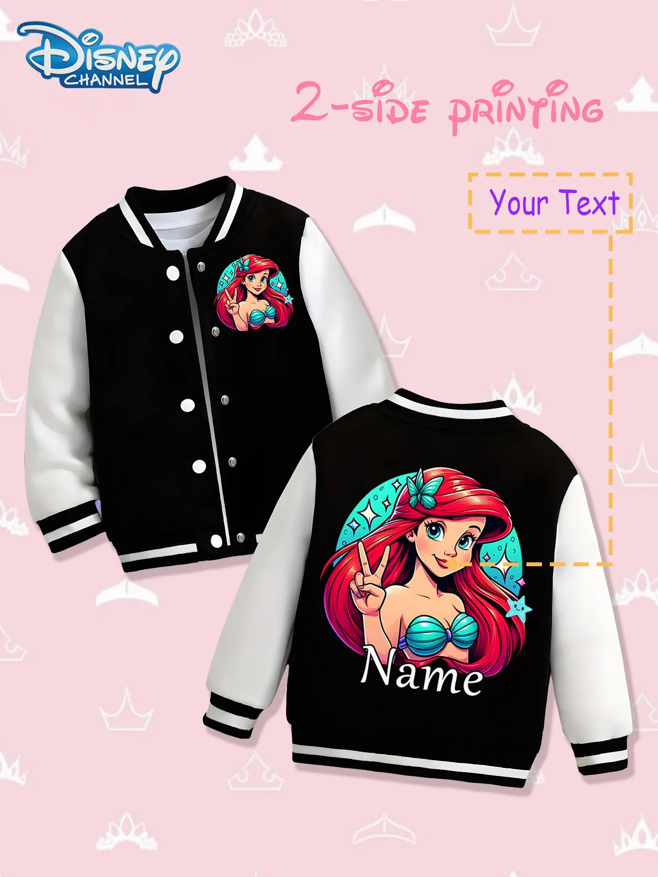 

MINISO Disney Ariel Princess Baseball Jacket for Kids - Ariel's Bibi design is presented on both sides, with a red base and whit
