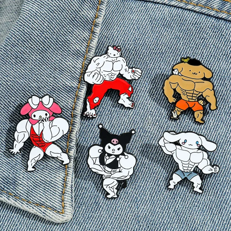 Hello Kitty Kuromi Cinnamoroll Sanrio Brooch Alloy Badge Pins Anime Cartoon Creative Personality Spoof Muscle Fierce Man