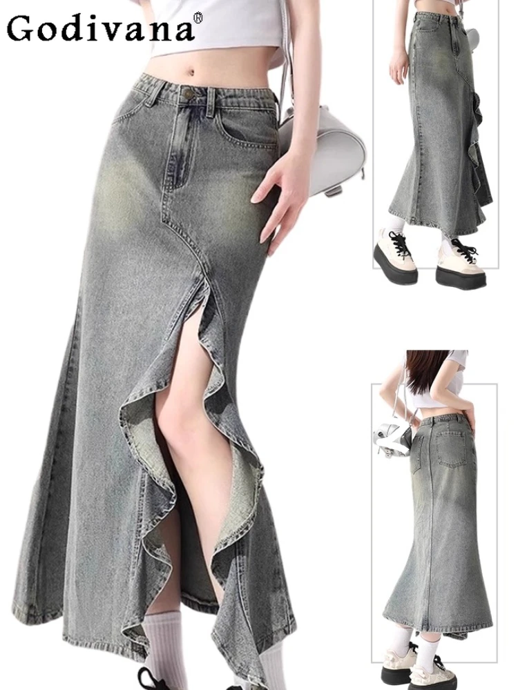 

Temperament High Waist A-line Irregular Ruffles Split Denim Skirts Women Summer Retro Blue Fashion Versatile Long Fishtail Skirt