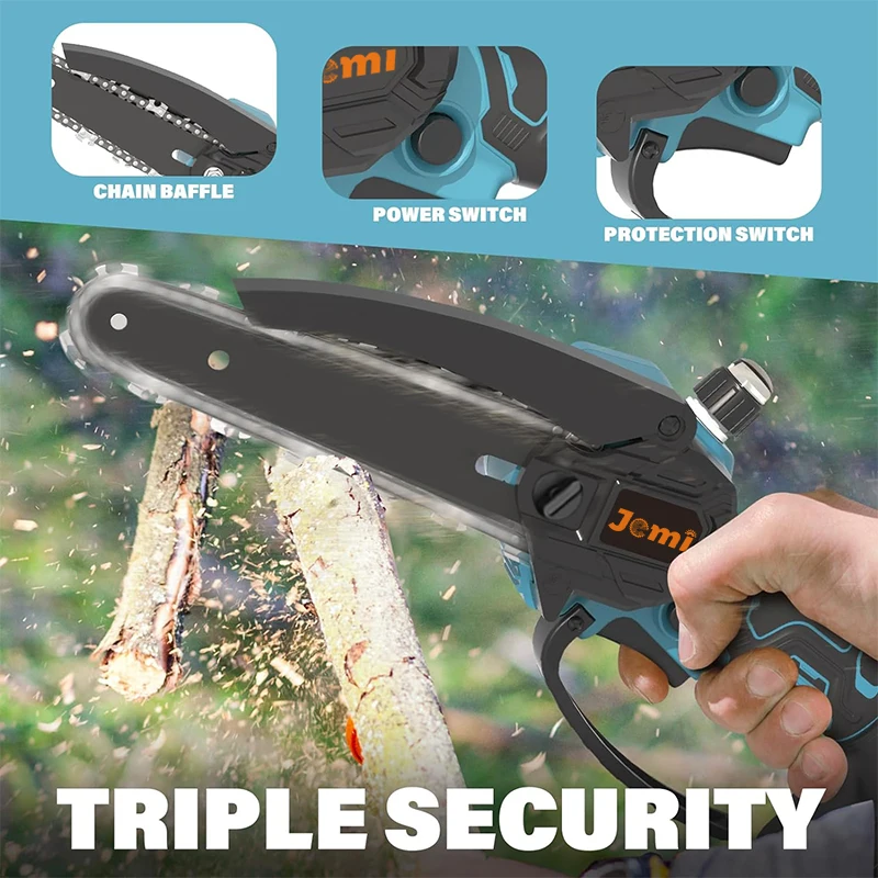 منشار سلسلة كهربائي لاسلكي محمول باليد مقاس 6 بوصات من Jemi Tool مناسب لقطع الحدائق والخشب وبطاريات ماكيتا
