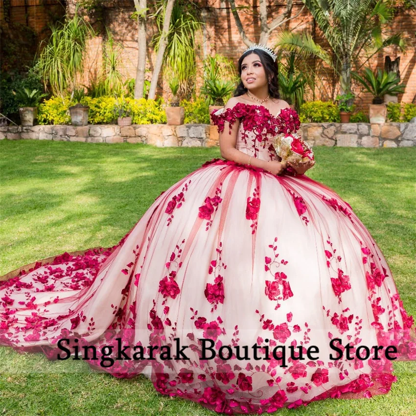 Fleurs 3D rouge princesse fleur Quinceanera robe douce 16 robe Appliques cristaux perle perles robes De 15 Años personnalisé