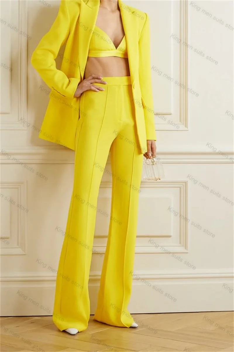 Traje de algodón amarillo para mujer, Conjunto de sujetador Sexy, Blazer y pantalones, 3 piezas, vestido Formal de graduación, abrigo de oficina, chaqueta de sastre