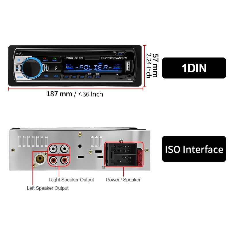 Autoradio 1 Din MP3-Player FM Audio Musik USB SD Digital Bluetooth mit Einsteckplatz im Armaturenbrett AUX-Eingang – Detail 5