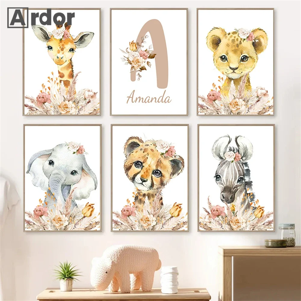 

Lion Zebra Elephant Giraffe Canvas Poster Wall Art Customized Baby Name Print Pictures Nursery Painting Flower Girls Room Decor