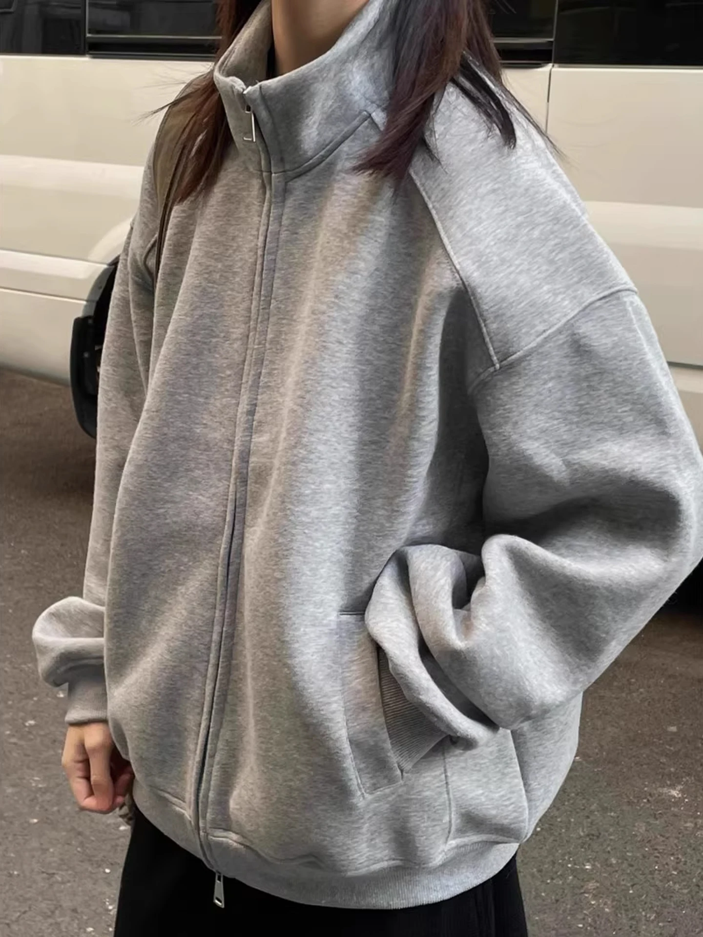 

American Sle Heavyweight Color Simple ort Stand Collar Sweatirt Jaet ex Autumn Trendy Casual Loose Top