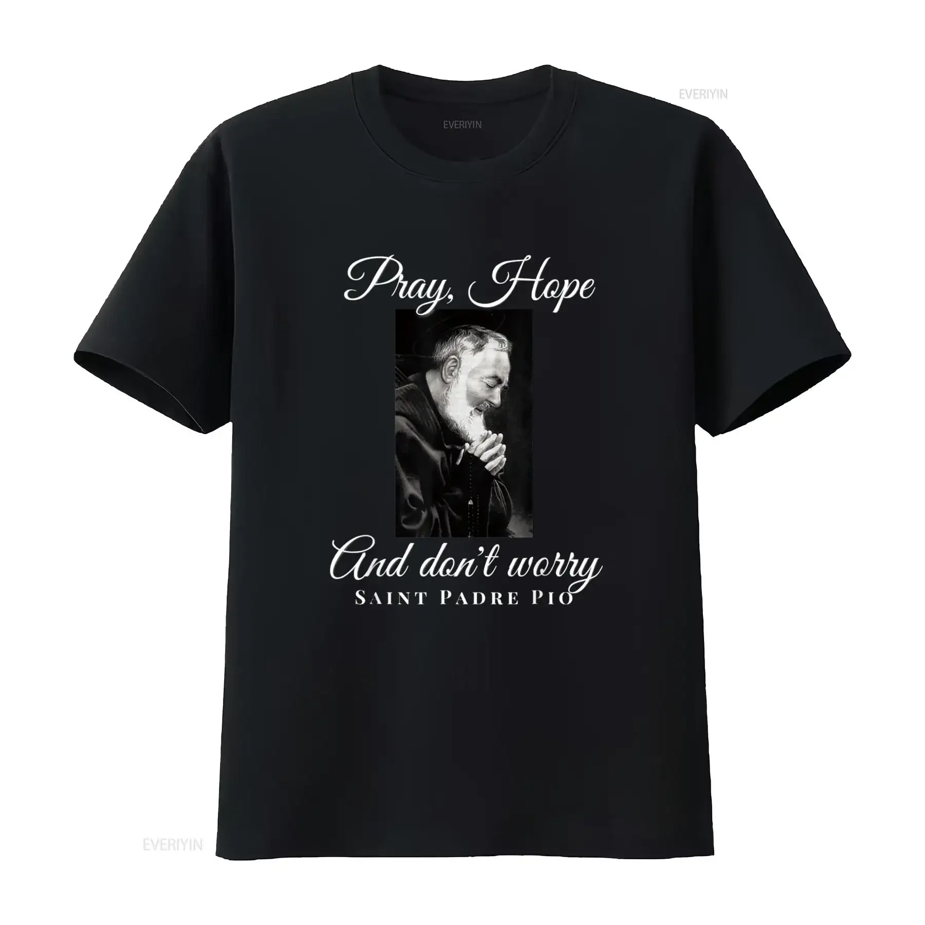 Camiseta cristiana católica de San Padre Pio Pray Hope Dont Worry, ropa de calle lavada vintage, moda informal con gráfico elegante para hombre