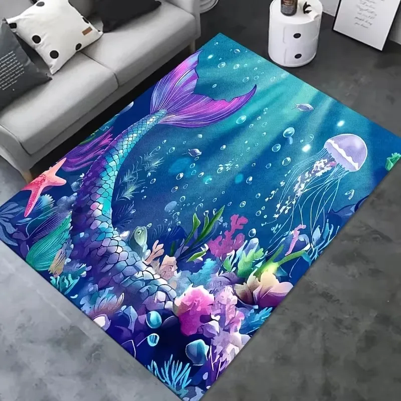 Mermaid Undersea World Area Rug Colorful Ocean Jellyfish Coral Print Soft Floor Mat Cartoon Carpet