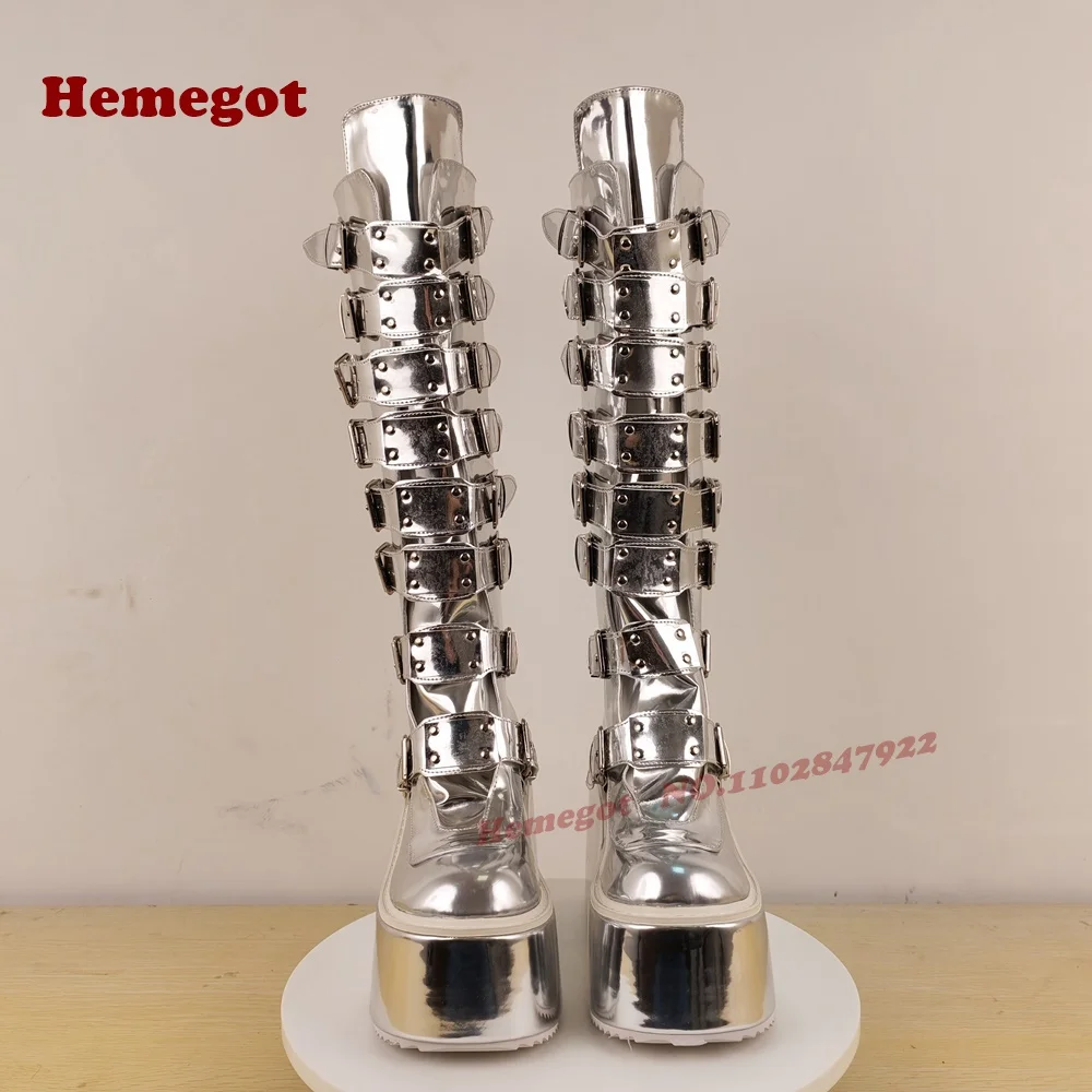 Silver Platform Belt-Buckled Boots Round Toe Wedges Metal Decor Women's Knee High Boots Glossy Gothic Punk Shoes Thick Soled view 3