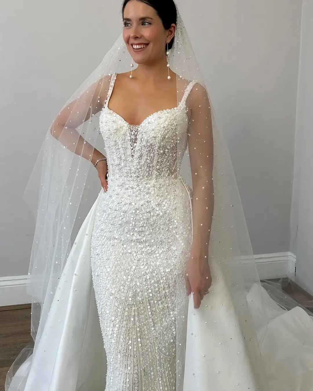 Pearl Sequin Wedding Dress With Detachable Train Straps Mermaid Gown Engagement Ceremonies Formal Occasions Customizable