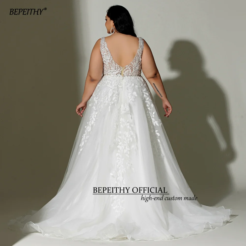 Bepeithychustom rendas boho vestido de casamento 2022 para plus size feminino noiva sem mangas uma linha marfim decote em v branco curva vestido de noiva