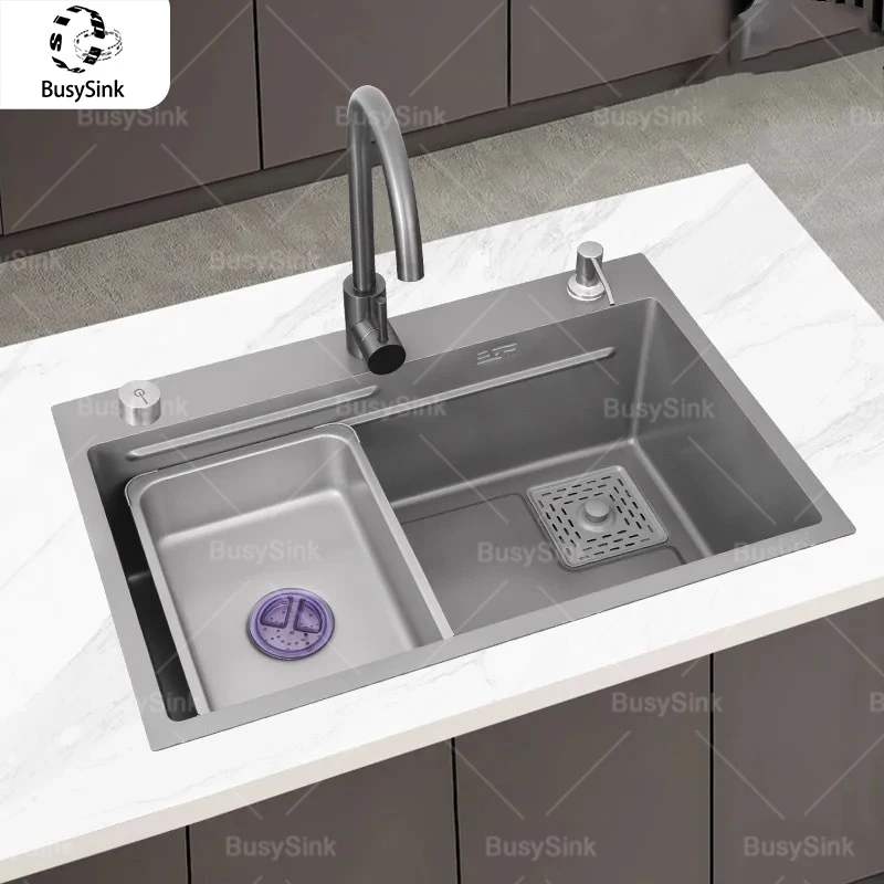 Pia de cozinha de aço inoxidável nano gravação grande slot único prato de lavagem doméstica e lavatório de legumes bancada