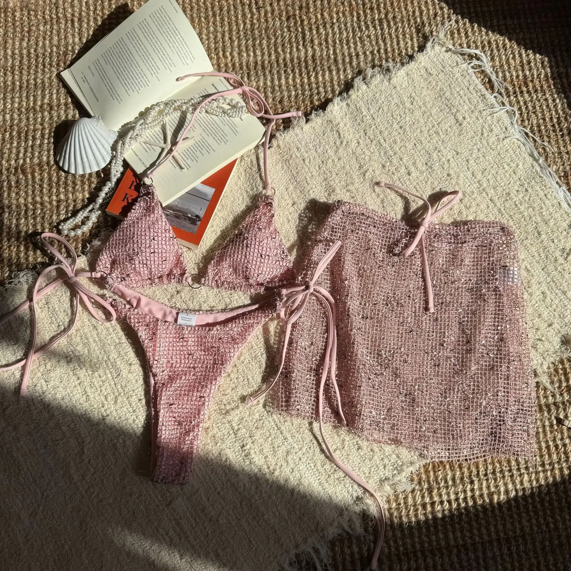 

Women Glitter Bikini Sets Three Pieces with Perspective Mini Skirt Halter String Swimsuit Bathing Suit Beach Outfits Biquini