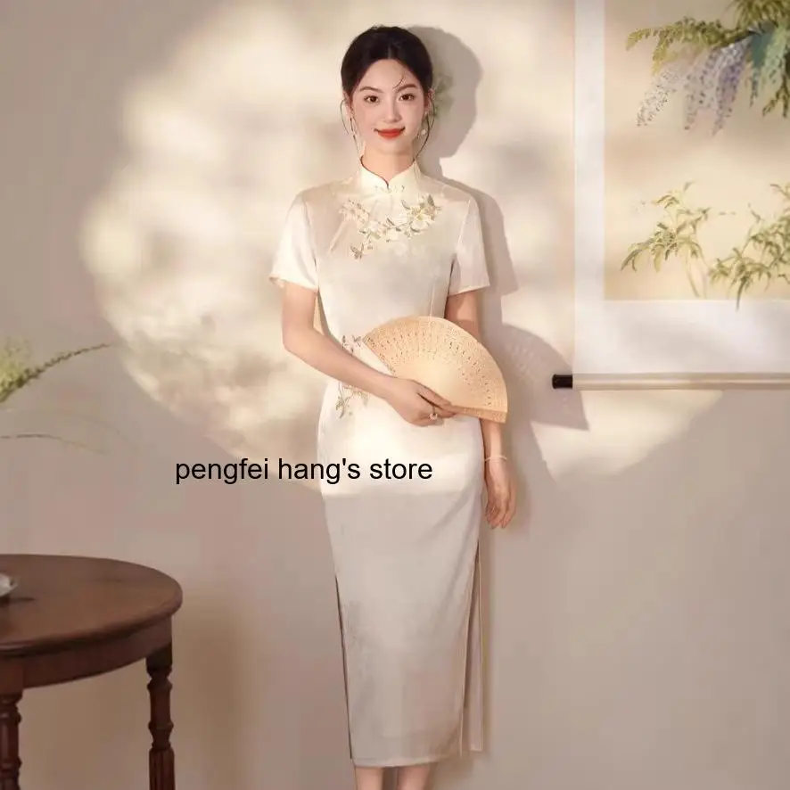 Double Layer Embroidery Jacquard Cheongsam Spring Summer New White Three Quarter Sleeve Qipao Acetate Fabric Low Split Vestidos