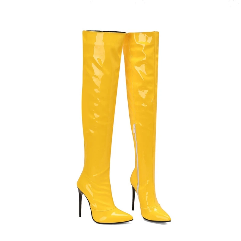 REAVE CAT Sexy Stiletto 12cm High Heel Over Knee Boots Leather Party Big Size 45 46 47 48 US15 US16 US17 Black Yellow Purple