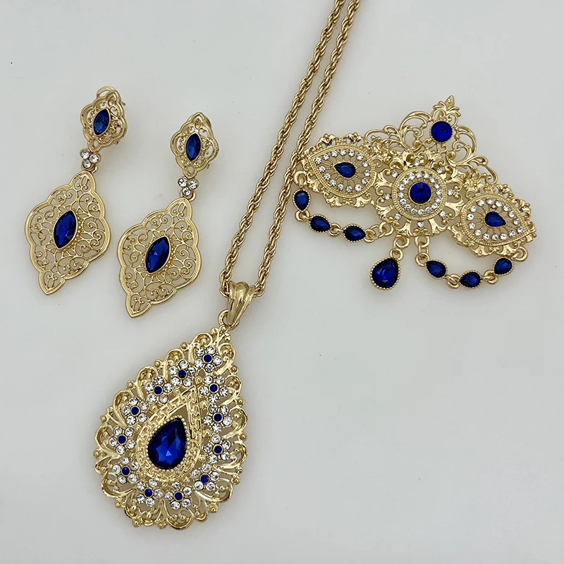 Royal Blue Water Drop Pendant Necklace Chain Gold Plated Jewelry Set Morocco Algeria Wedding Jewelry Birdal Luxury Wome Gifts