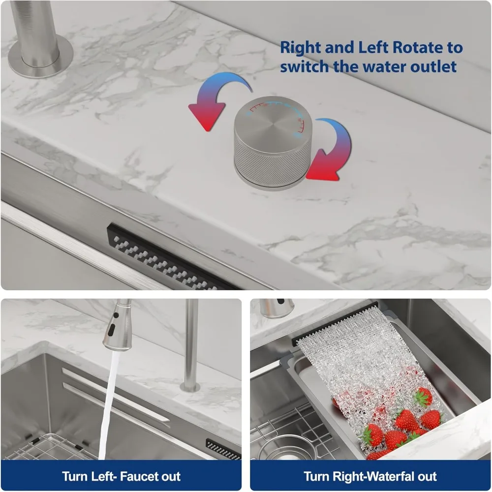 حوض مطبخ من الفولاذ المقاوم للصدأ بقياس 16 مع حافة شلال ومحطة عمل، 33 بوصة، متعدد الوظائف للطهي الحديث #5