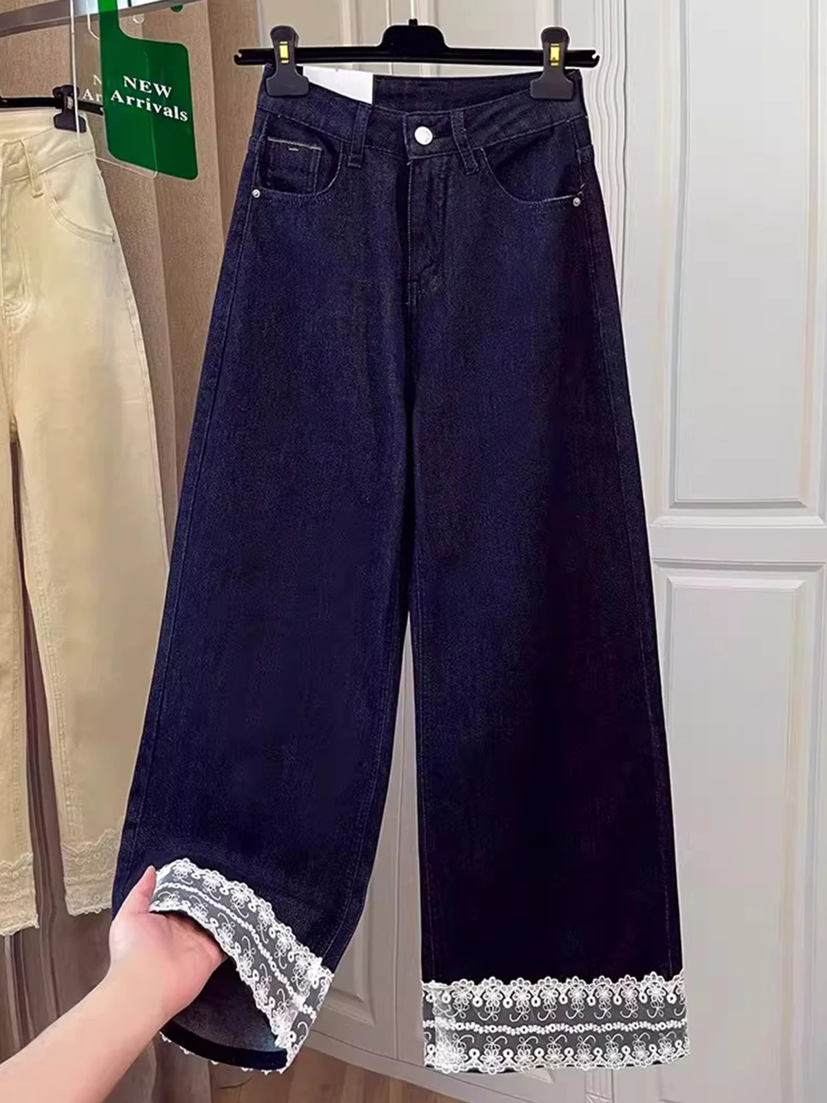 

Loose Casual Women's Wide Leg Jeans Lace Trimmed Korean Sle Spring Autumn High Waist Straight Cut Pants Ladies Faion