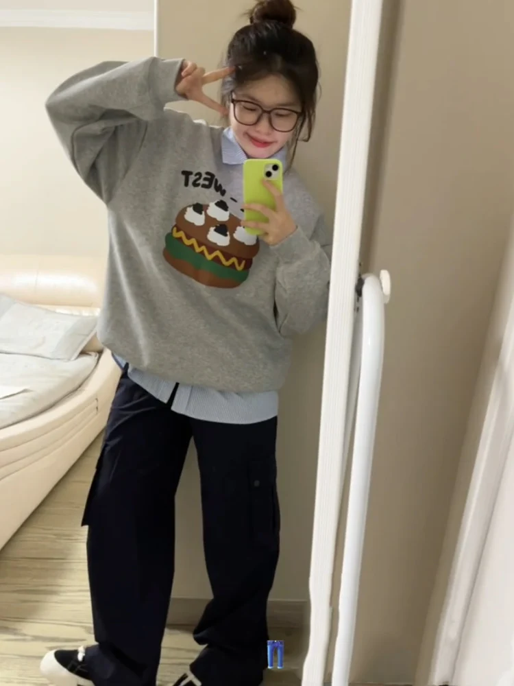 فضفاض جولة Ne هوديي المرأة ربيع الخريف كعكة برغر الكرتون البلوز مريحة كسول Sle ملابس خارجية عارضة الشارع الشهير #5