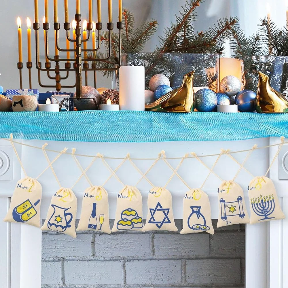 8 pack cotton 8 Nights of Hanukkah Gift Bags forChanukah Hanukkah Party Gifts for kids Hanukkah Countdown Drawstring Burlap Bags