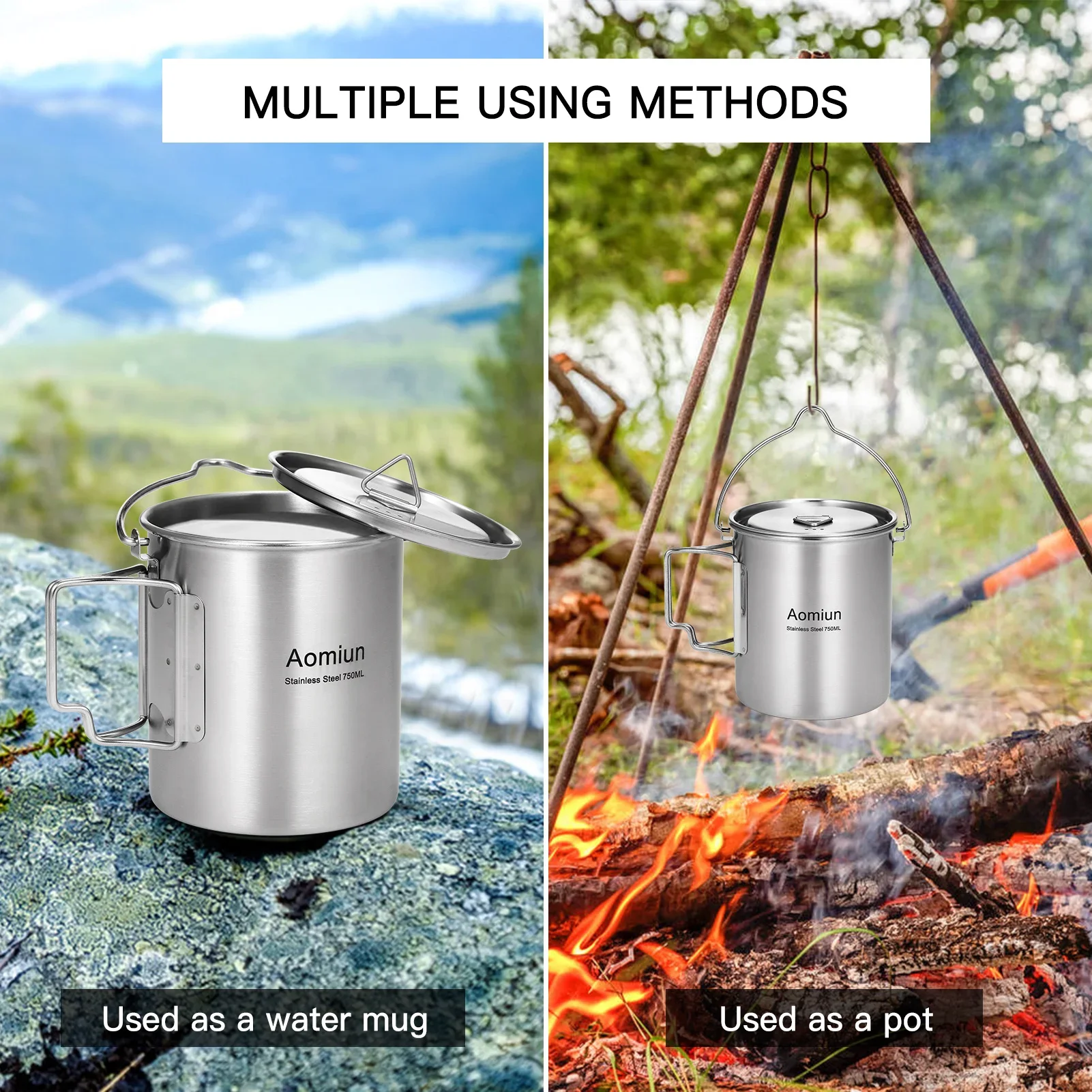 Aomiun 750ml Stainless Steel Pot Portable Water Mug Cup with Lid and Foldable Handle Outdoor Camping Cooking Picnic