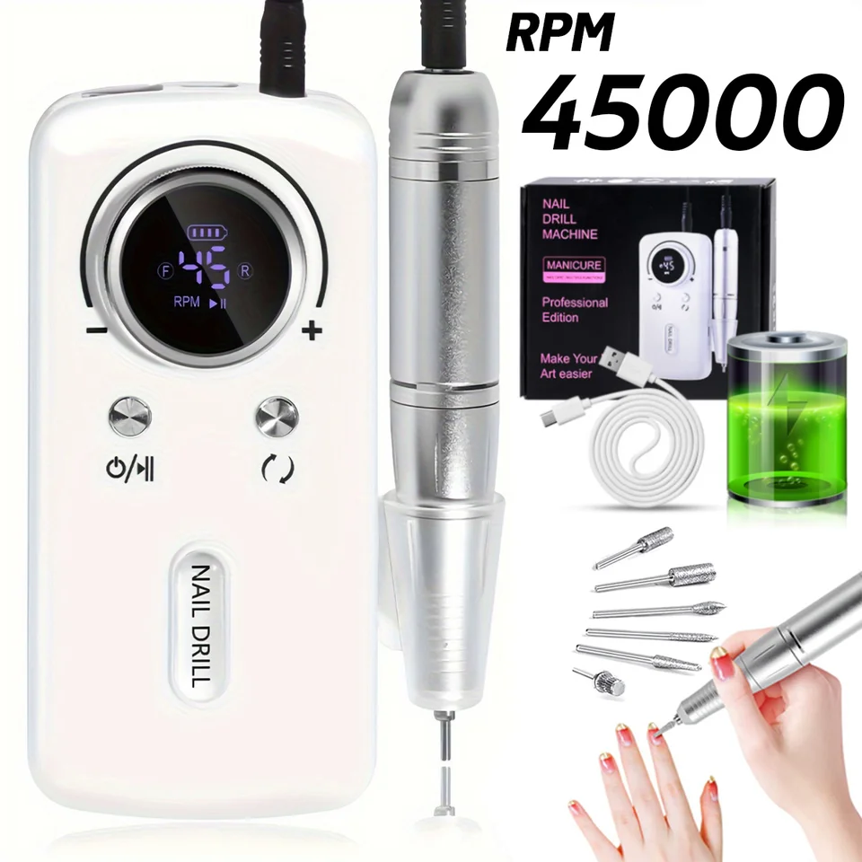 Máquina perforadora de uñas 45000RPM, eléctrica portátil, lima de uñas recargable, para pulir uñas de gel, uso doméstico, manicura y salón