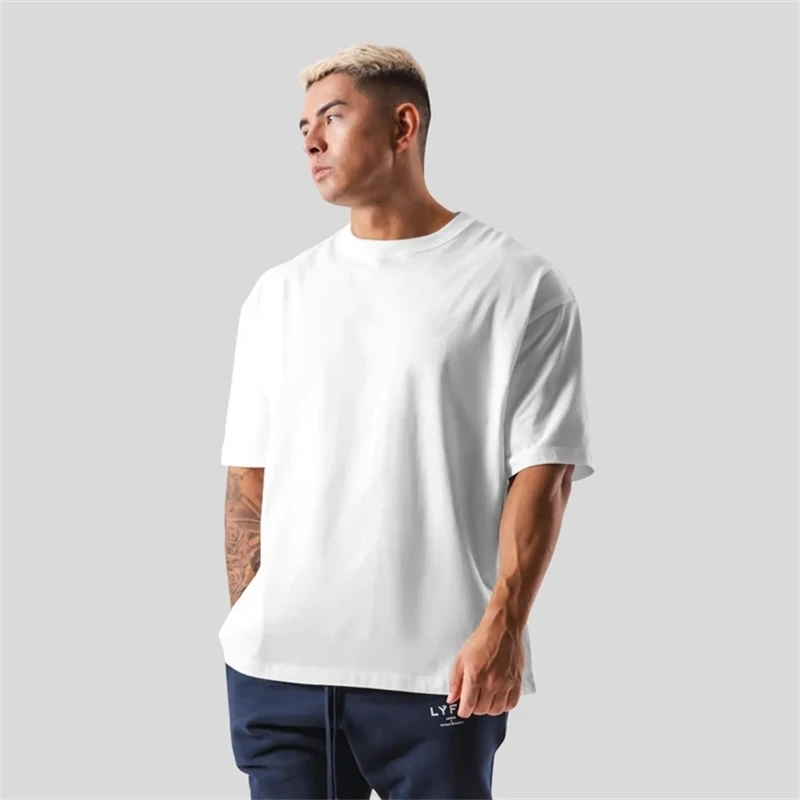 230G M-5XL Solid T Shirt 100% Cotton Gym Sport Fitness Loose Large Size Men Short Sleeve Running Shirt Men Workout Training Tees