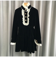 Autumn Winter White Ruffles Neck Black Long Sleeve Short Velvet Dress For Women Golden Button Prom Evening Party Vestidos