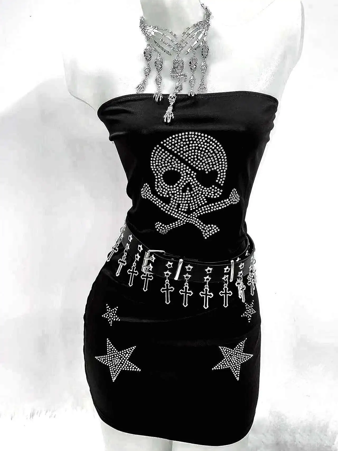 

Strapless Top Skull Explosion Hot Stamping Sexy Sleeveless Tight Fitting Slimming Hip Hugging Short Skirts Dark Subculture