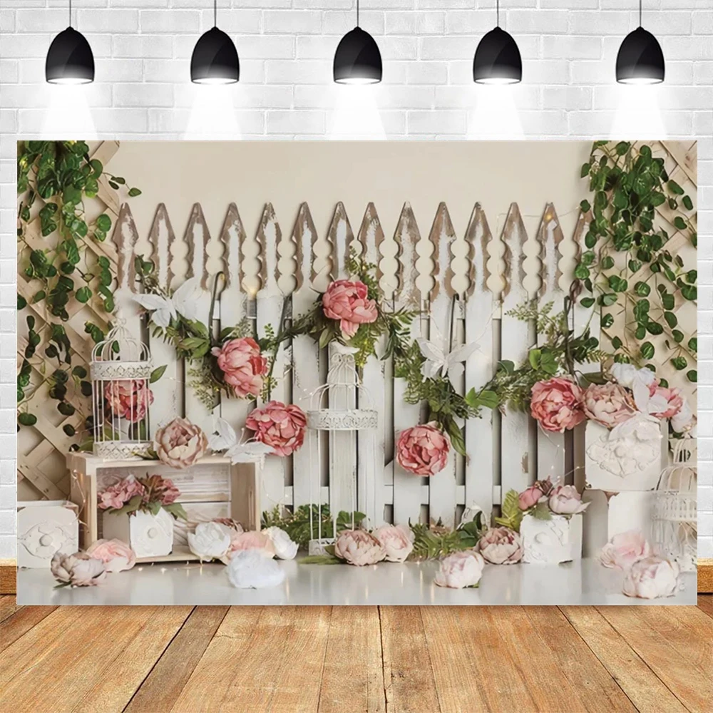 Spring Flowers Photography Backdrop Fence Rose Pink Brick Wall Background Wedding Newborn Baby Shower Party Photo Booth Props