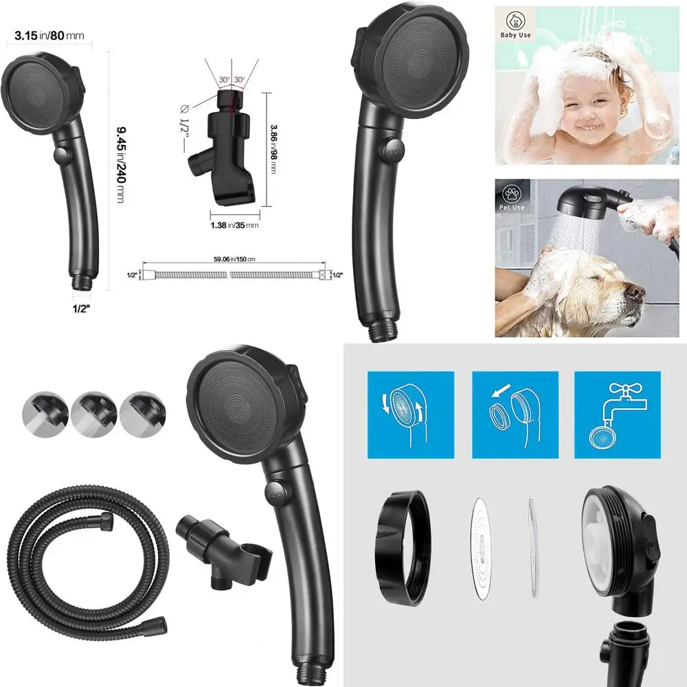 

Black High-Pressure Shower Wand with Pause Switch, 3 Modes, Removable Head, and Adjustable Bracket